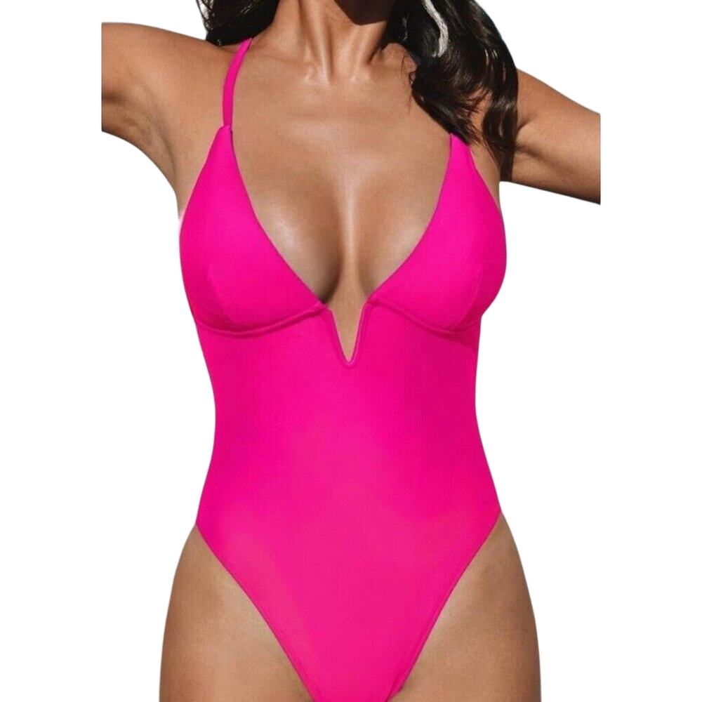 Womens Cupshe One Piece Swimsuit Medium Hot Pink V Wire Crisscross Back Cheek